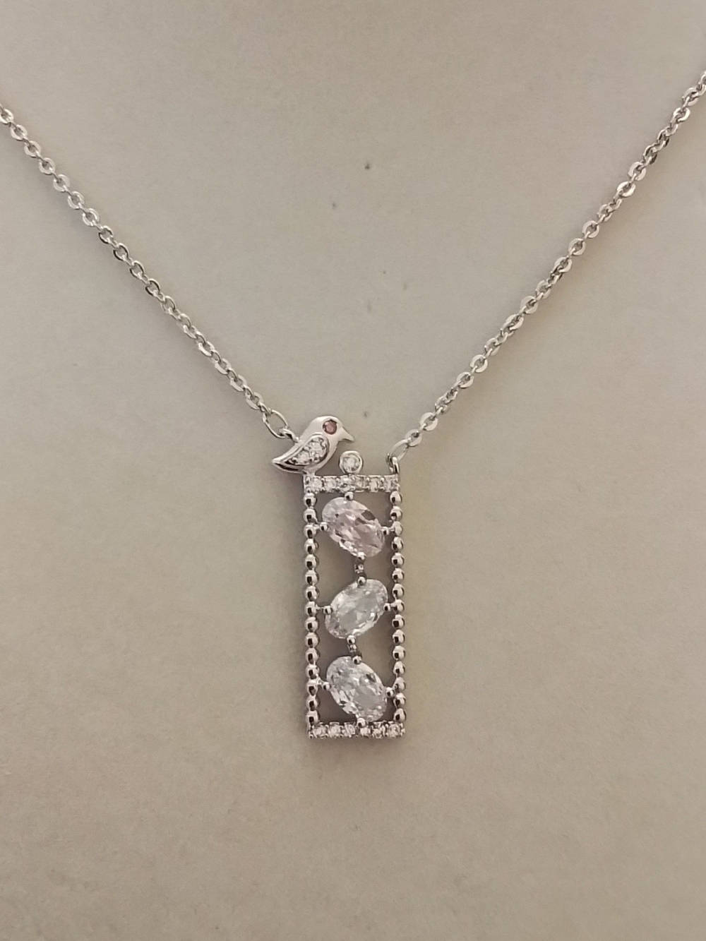 Pretty Bird Silver Necklace with Clear and Pink CZ Stones